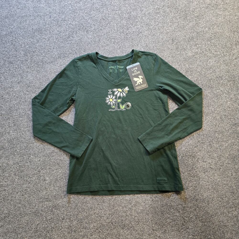 Life Is Good Top Women Small Green Floral Long Sleeve V Neck Crusher Fit Capsule